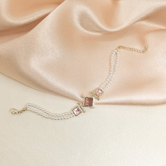 Chic Double-Strand Pearl Bracelet with Square Crystal Charms