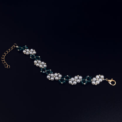 Elegant Imitation Pearl and Teal Crystal Cluster Bracelet