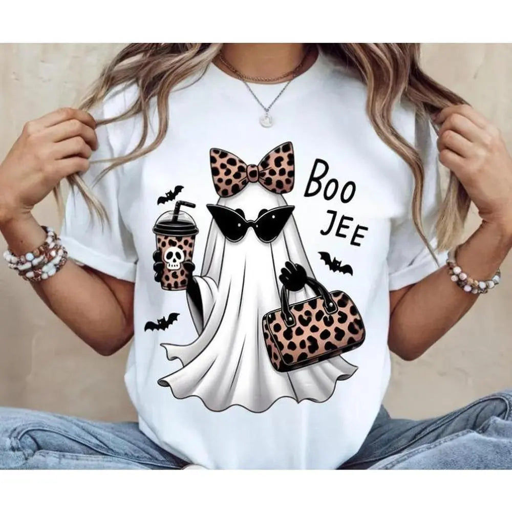 Boo-Jee Ghost Halloween T-Shirt – Leopard Bow Cute Spooky Graphic Tee