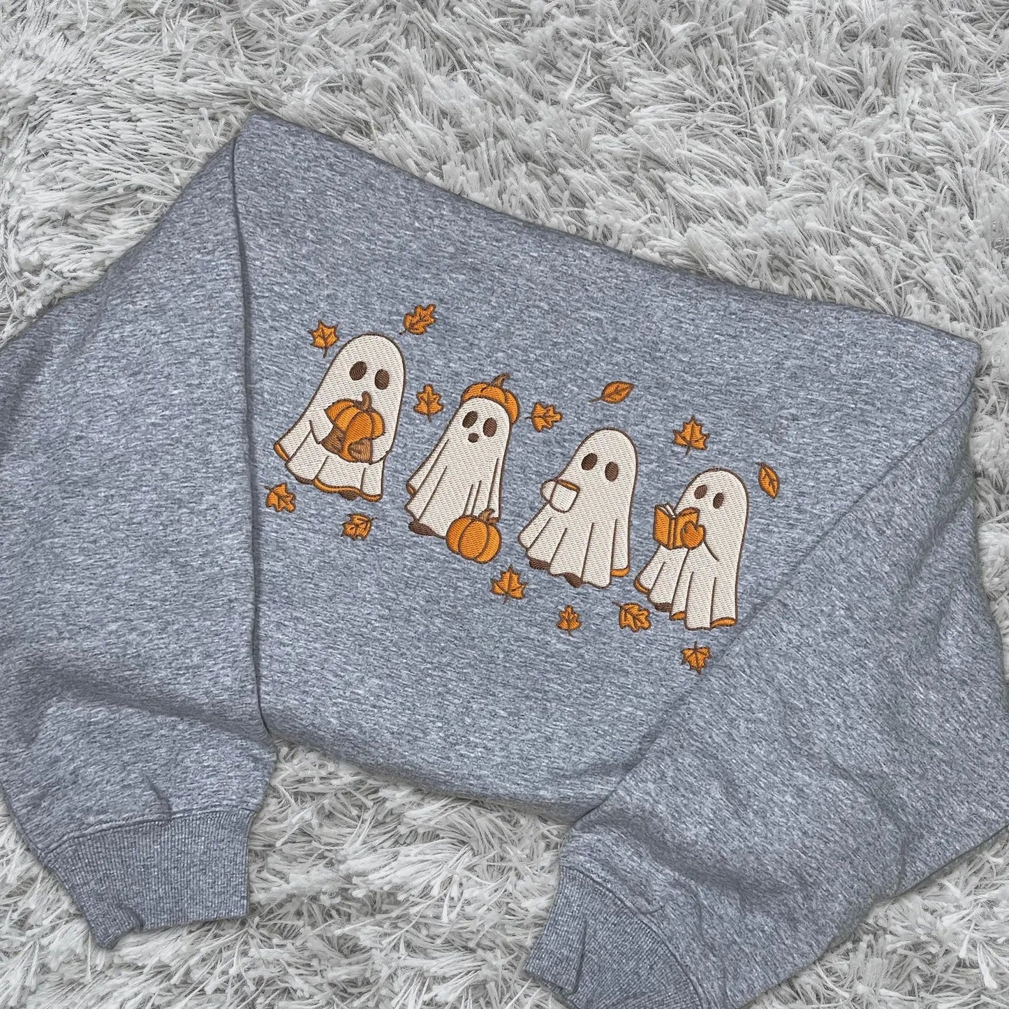 Vintage Ghost Embroidery Sweatshirt | Cozy Black Halloween Pullover