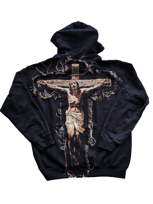 Woven Tapestry Cross Jesus Hoodie – Distressed Gothic Faith Graphic Pullover
