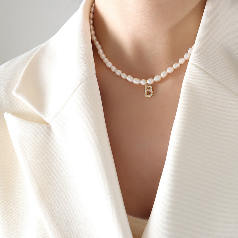 Initial A-Z Cubic Zircon Letter Pendant Dainty Pearl Necklace