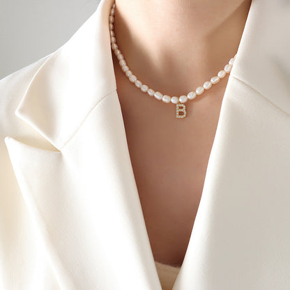 Initial A-Z Cubic Zircon Letter Pendant Dainty Pearl Necklace