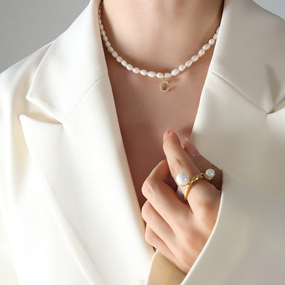 Initial A-Z Cubic Zircon Letter Pendant Dainty Pearl Necklace