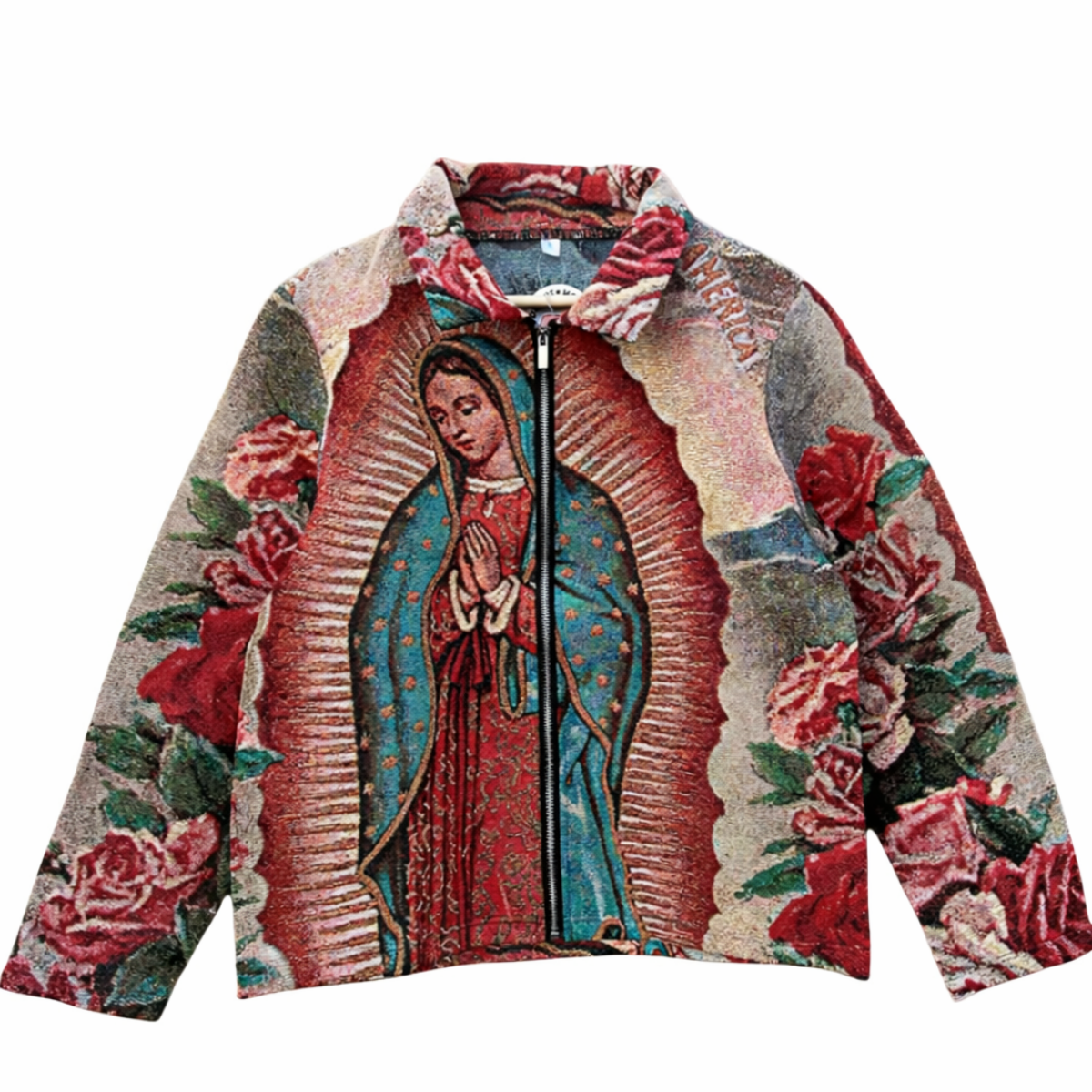 Virgin Mary Tapestry Zip Jacket – Woven Jacquard Religious Art Jacket