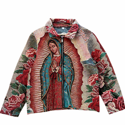 Virgin Mary Tapestry Zip Jacket – Woven Jacquard Religious Art Jacket