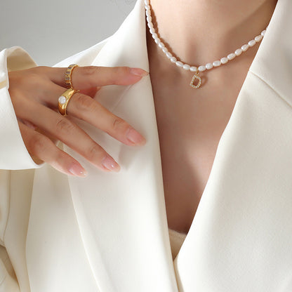 Initial A-Z Cubic Zircon Letter Pendant Dainty Pearl Necklace