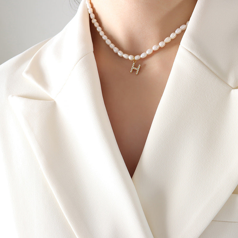 Initial A-Z Cubic Zircon Letter Pendant Dainty Pearl Necklace
