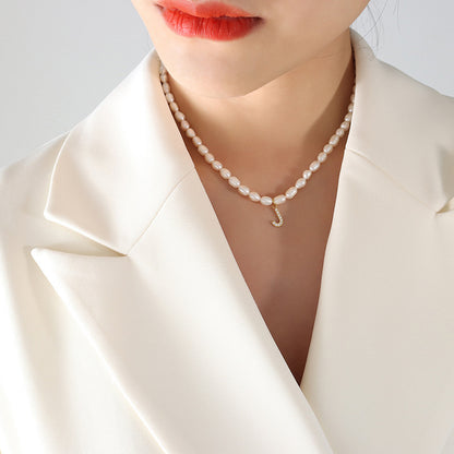 Initial A-Z Cubic Zircon Letter Pendant Dainty Pearl Necklace