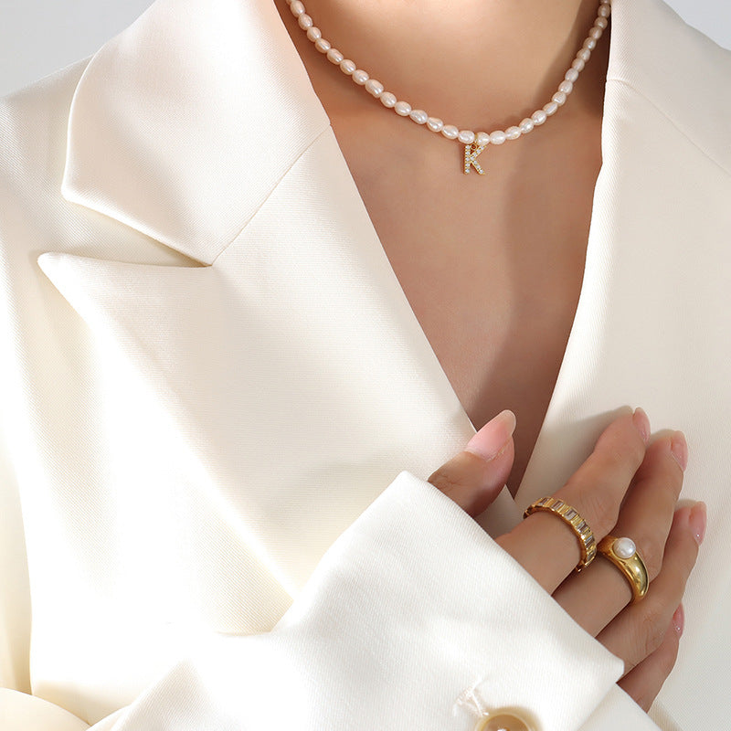 Initial A-Z Cubic Zircon Letter Pendant Dainty Pearl Necklace