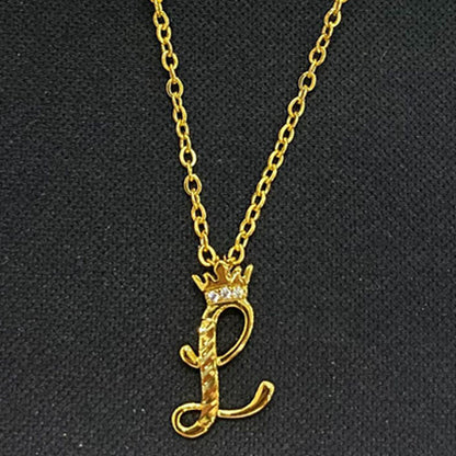 Initial Script A-Z Letter Crown Pendant Necklace 18K Gold Plated Cubic Zirconia Necklace