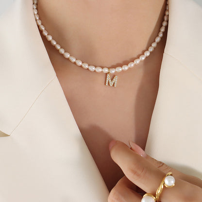 Initial A-Z Cubic Zircon Letter Pendant Dainty Pearl Necklace