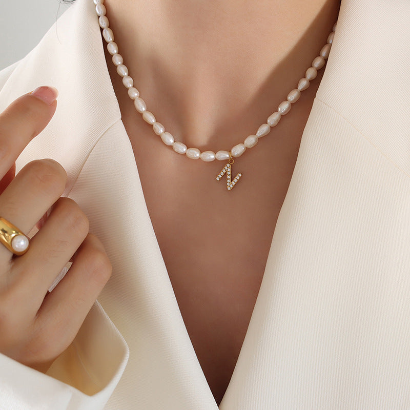 Initial A-Z Cubic Zircon Letter Pendant Dainty Pearl Necklace