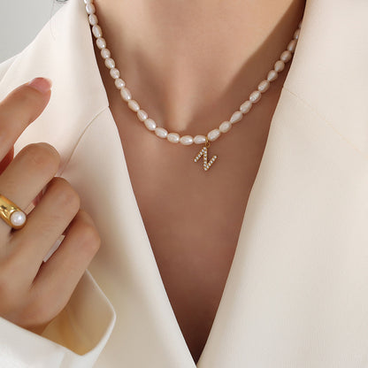 Initial A-Z Cubic Zircon Letter Pendant Dainty Pearl Necklace