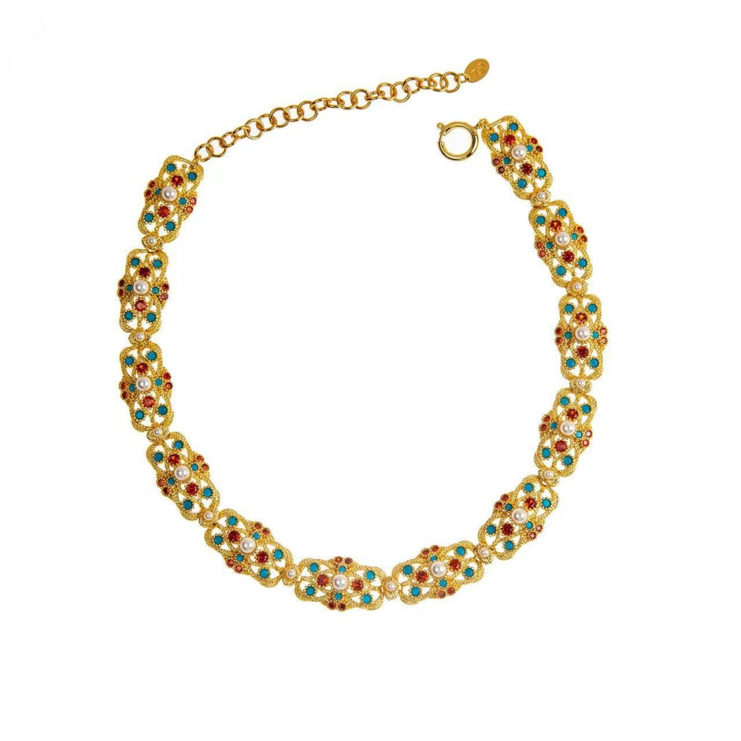 Handcrafted Antique Gold Brass Necklace and Bracelet with Colorful Gemstones