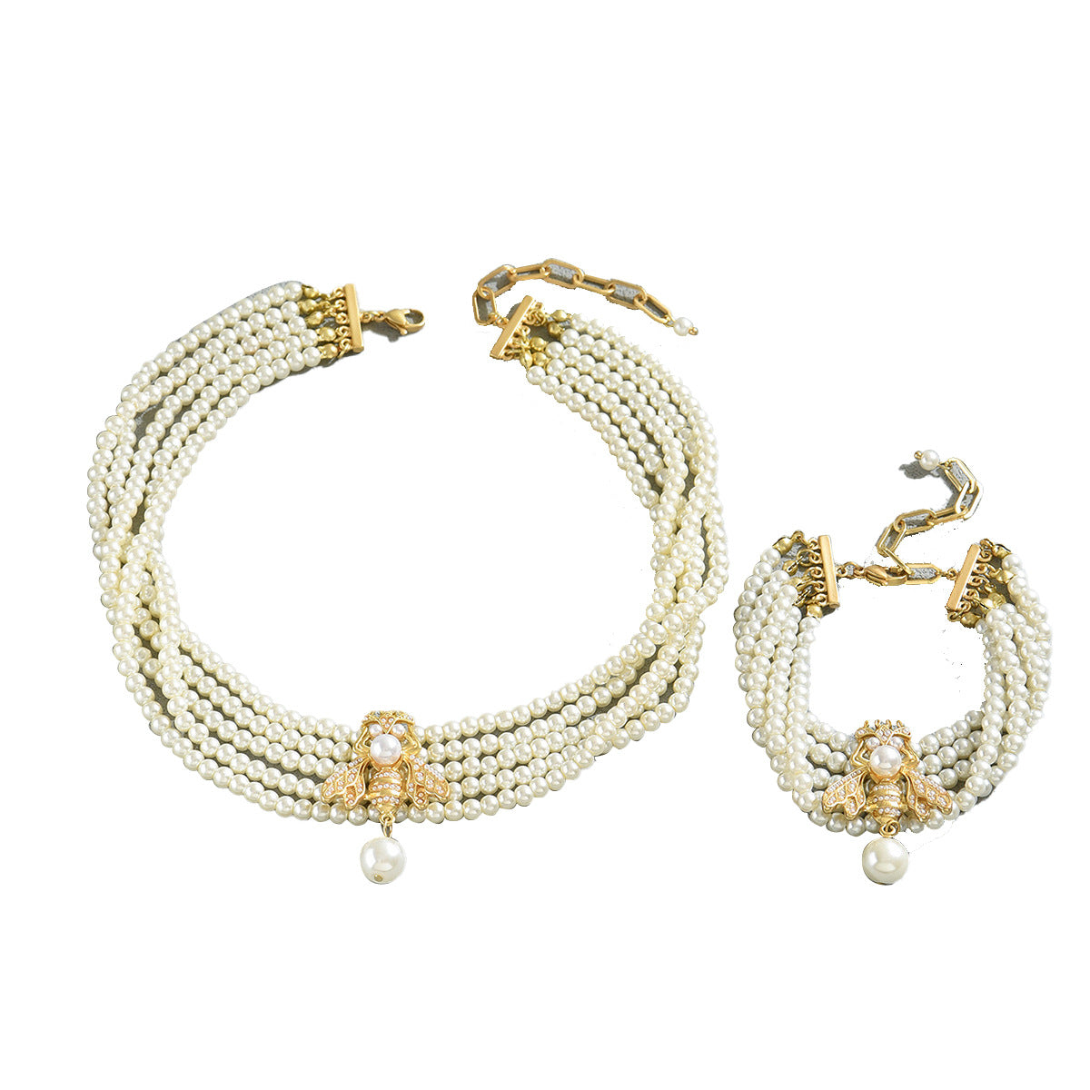European Style Multi-Layer Bee Pearl Necklace and Bracelet Set