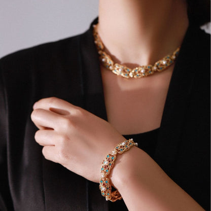 Handcrafted Antique Gold Brass Necklace and Bracelet with Colorful Gemstones