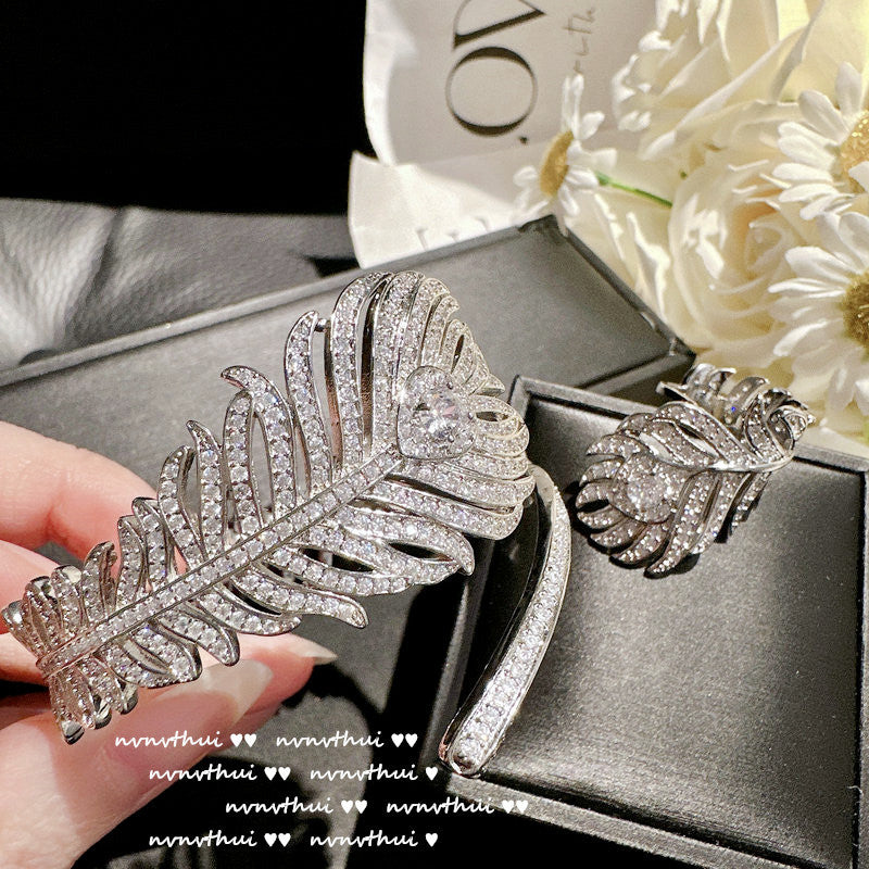 Feather and Teardrop Design Jewelry Set - Handcrafted Bracelet, Ring, and Earrings