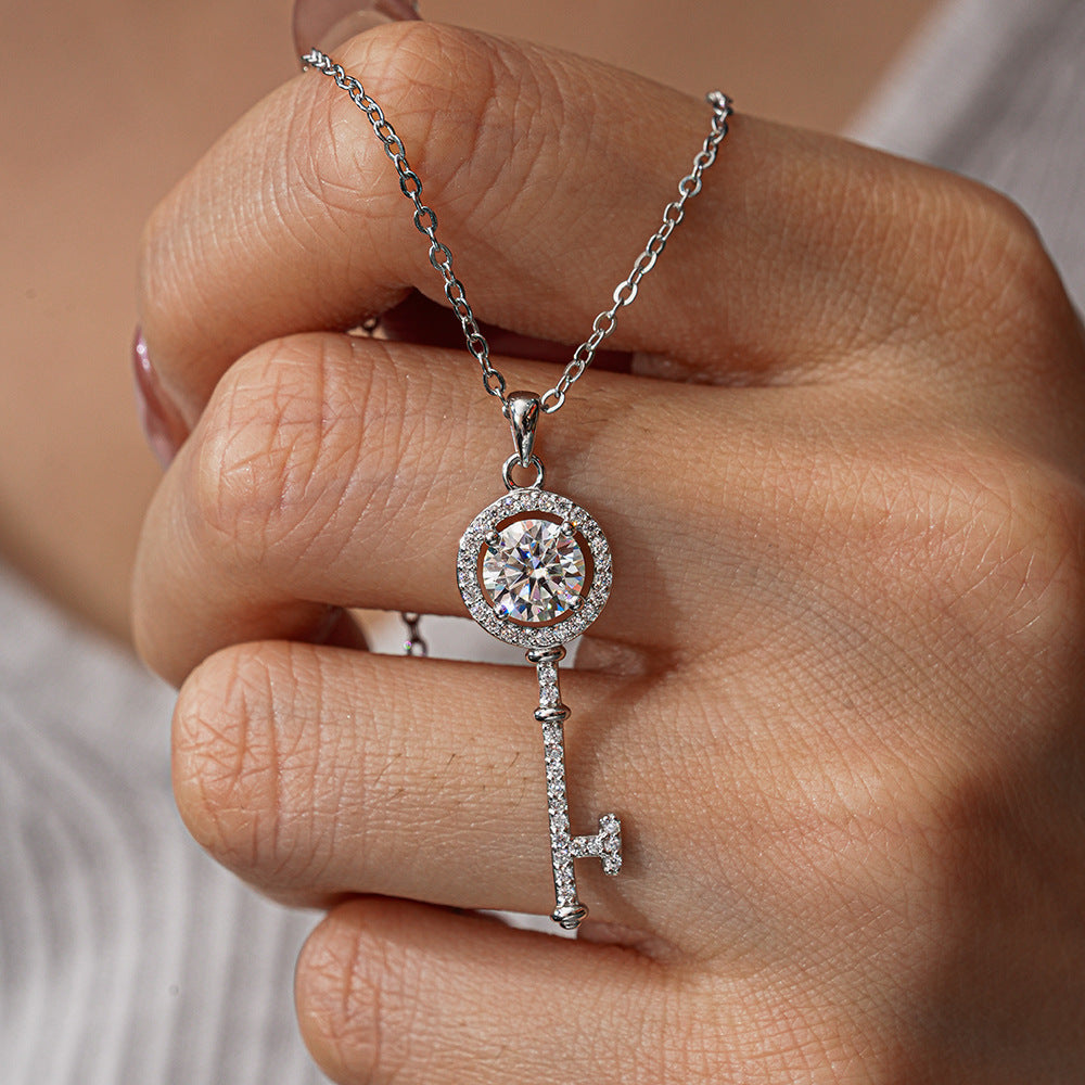 Elegant Sterling Silver Moissanite Key Pendant Necklace