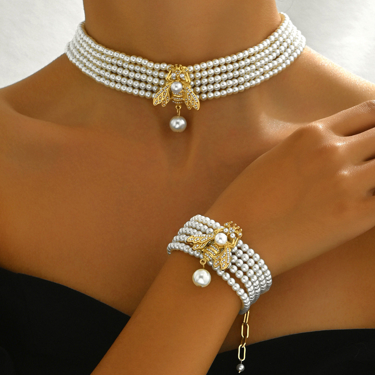 European Style Multi-Layer Bee Pearl Necklace and Bracelet Set