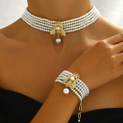European Style Multi-Layer Bee Pearl Necklace and Bracelet Set