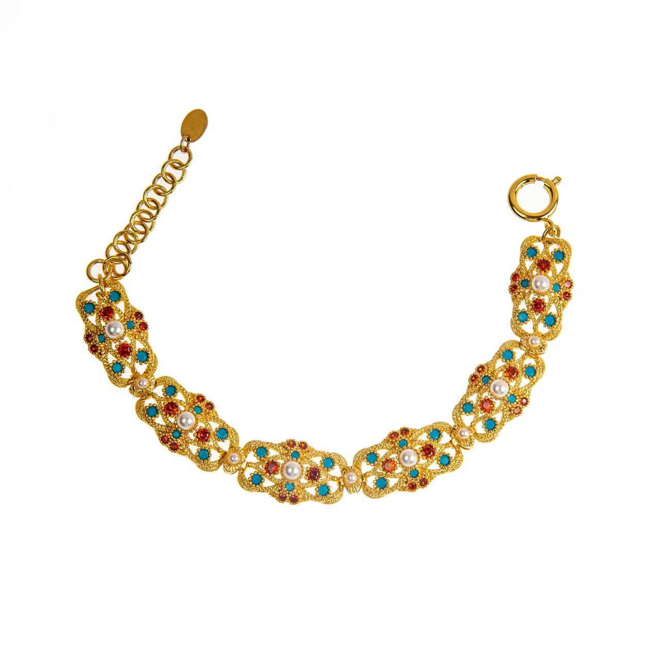 Handcrafted Antique Gold Brass Necklace and Bracelet with Colorful Gemstones