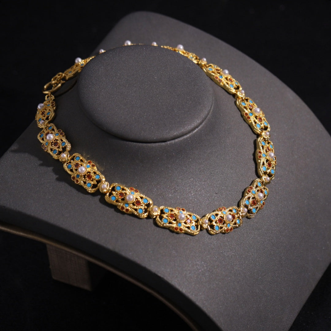 Handcrafted Antique Gold Brass Necklace and Bracelet with Colorful Gemstones