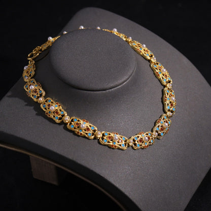 Handcrafted Antique Gold Brass Necklace and Bracelet with Colorful Gemstones