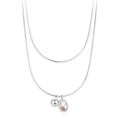 S925 Pearl Layered Pendant Necklace Choker Snake Chain Necklace