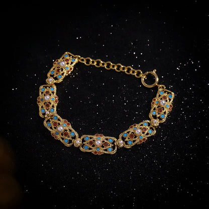 Handcrafted Antique Gold Brass Necklace and Bracelet with Colorful Gemstones