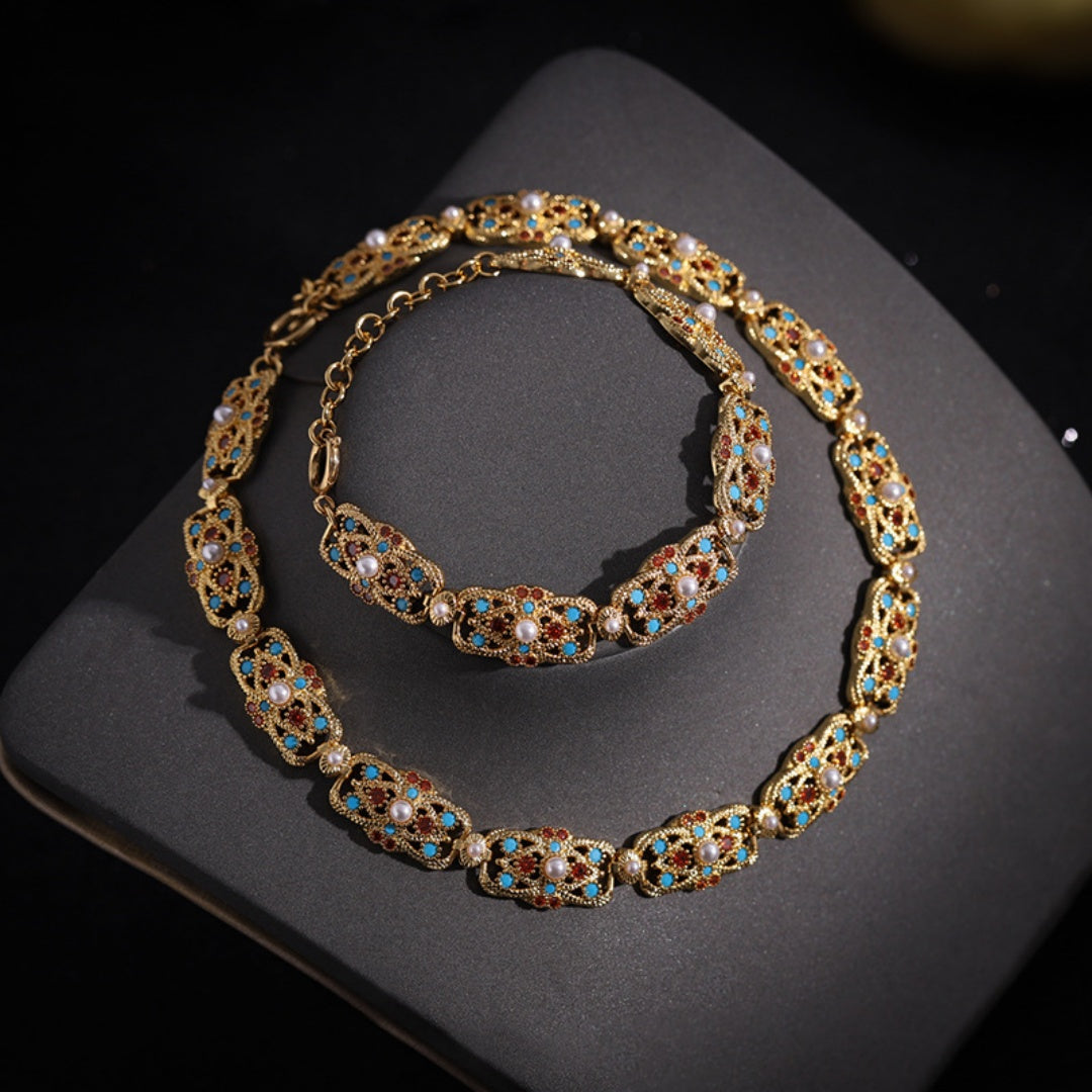 Handcrafted Antique Gold Brass Necklace and Bracelet with Colorful Gemstones