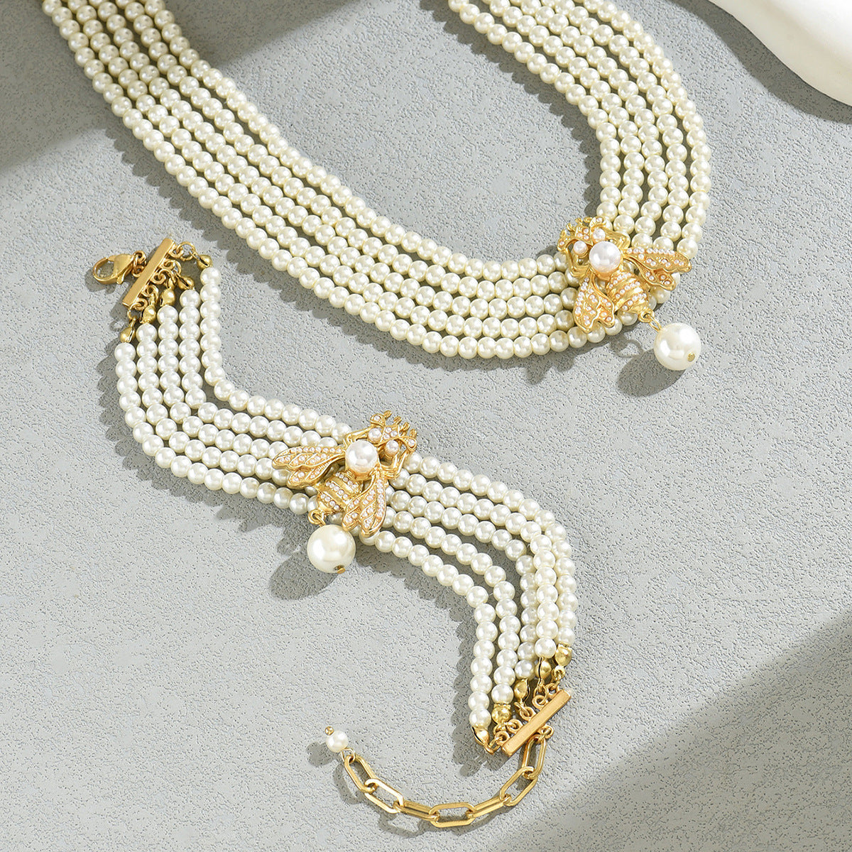 European Style Multi-Layer Bee Pearl Necklace and Bracelet Set