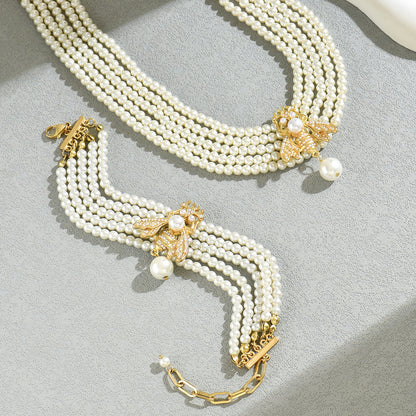 European Style Multi-Layer Bee Pearl Necklace and Bracelet Set