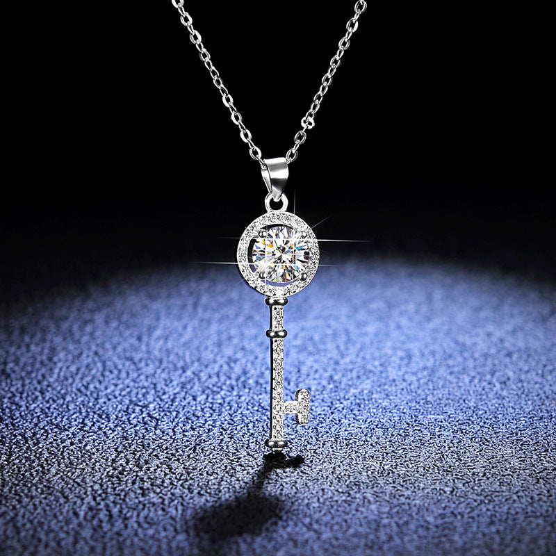 Elegant Sterling Silver Moissanite Key Pendant Necklace