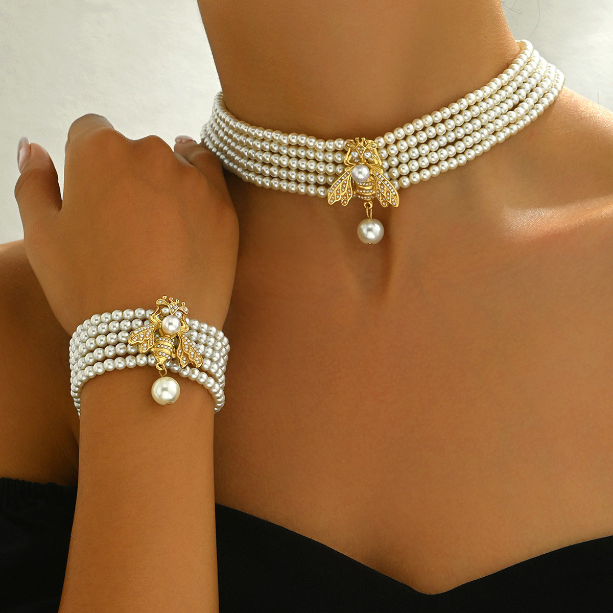 European Style Multi-Layer Bee Pearl Necklace and Bracelet Set