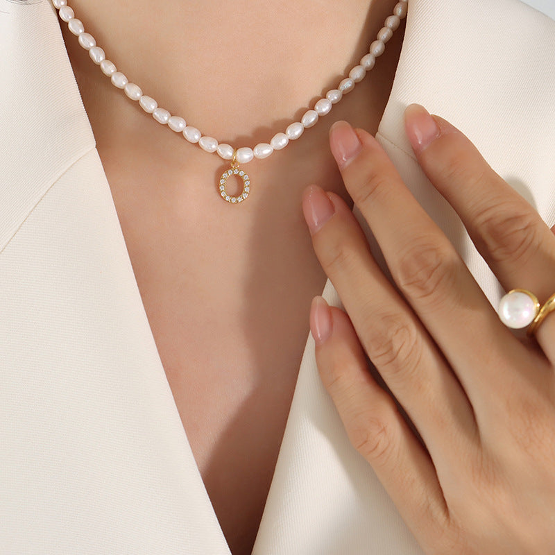 Initial A-Z Cubic Zircon Letter Pendant Dainty Pearl Necklace