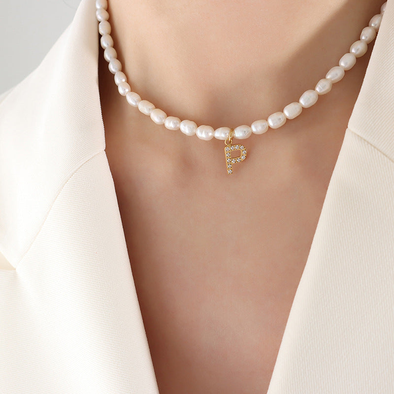 Initial A-Z Cubic Zircon Letter Pendant Dainty Pearl Necklace