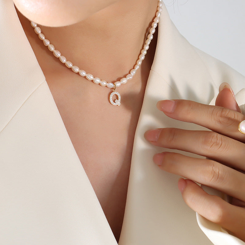 Initial A-Z Cubic Zircon Letter Pendant Dainty Pearl Necklace