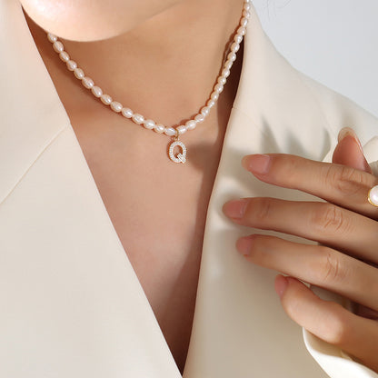 Initial A-Z Cubic Zircon Letter Pendant Dainty Pearl Necklace
