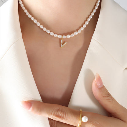 Initial A-Z Cubic Zircon Letter Pendant Dainty Pearl Necklace