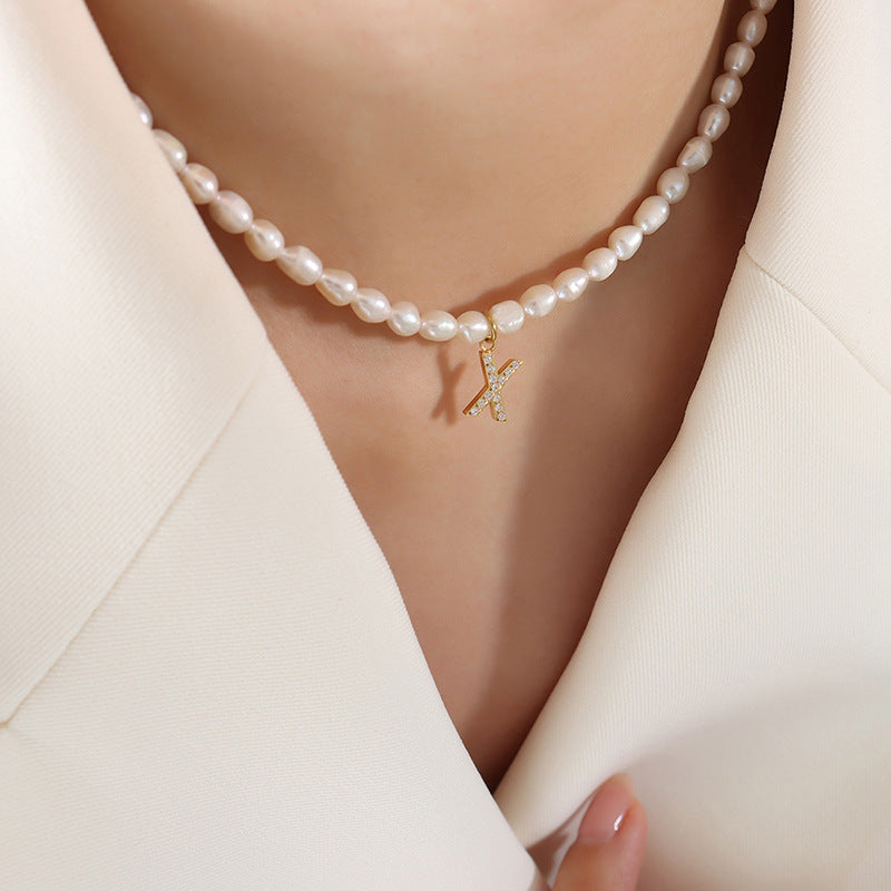 Initial A-Z Cubic Zircon Letter Pendant Dainty Pearl Necklace