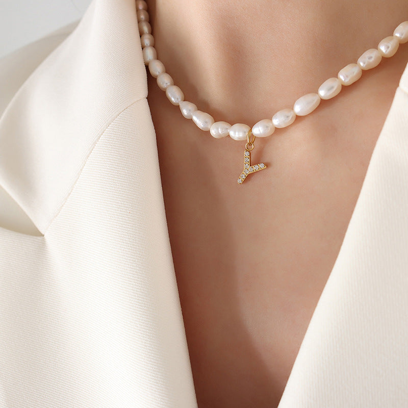 Initial A-Z Cubic Zircon Letter Pendant Dainty Pearl Necklace