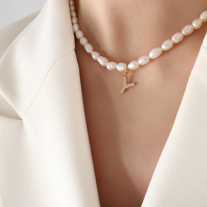 Initial A-Z Cubic Zircon Letter Pendant Dainty Pearl Necklace