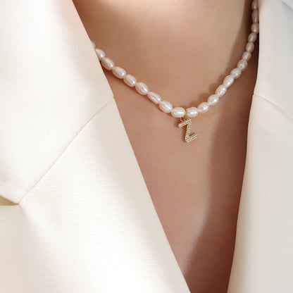 Initial A-Z Cubic Zircon Letter Pendant Dainty Pearl Necklace