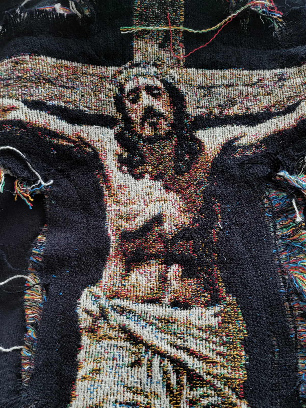 Woven Tapestry Cross Jesus Hoodie – Distressed Gothic Faith Graphic Pullover