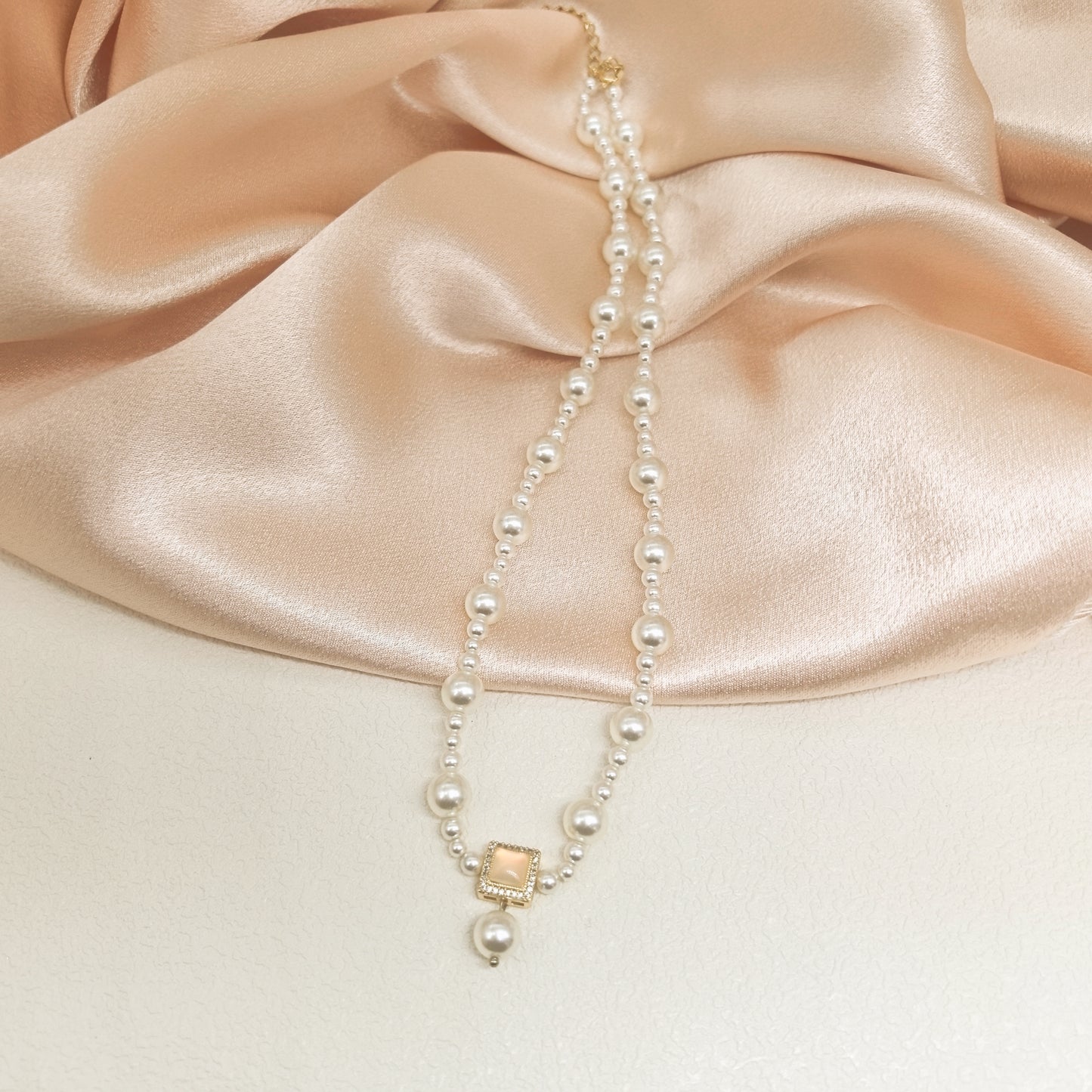 Pearl Bracelet with Square Crystal Pendant