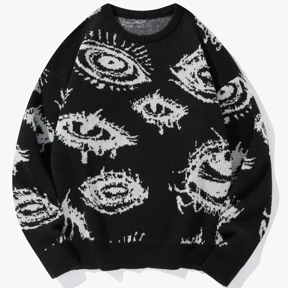 All-Over Eye Pattern Knit Sweater – Vintage Streetwear Crewneck Pullover