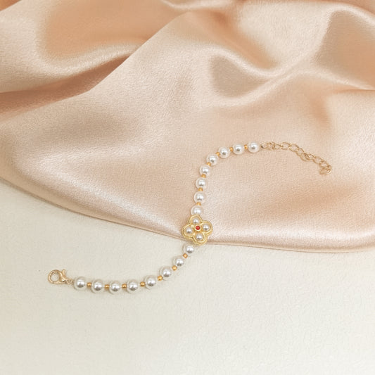 Handcrafted Pearl Bracelet with Gold Flower Pendant