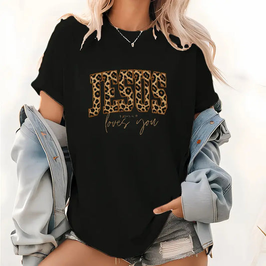Jesus Leopard Print Graphic T-Shirt – Faith-Inspired Women’s Casual Tee sweatshirt Hoodie