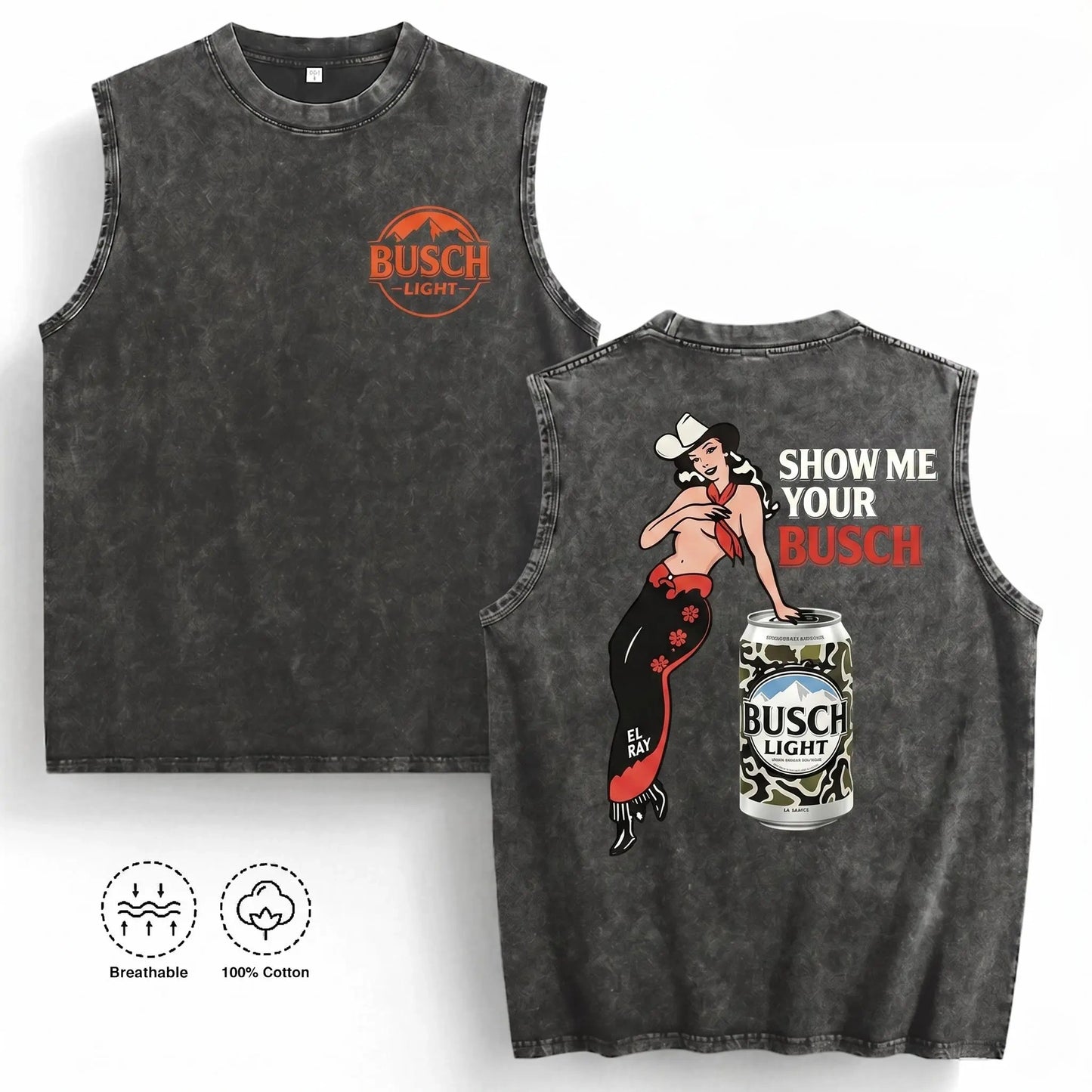 Vintage Busch Light Graphic Tank Top – Washed Cotton Sleeveless Beer Shirt